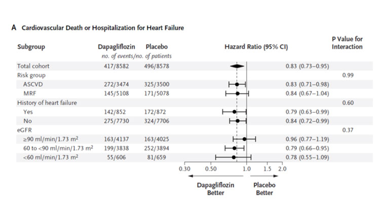 Figure 1 : critère primaire d’efficacité (décès cardiovasculaire ou hospitalisation pour insuffisance cardiaque) dans l’étude DECLARE en fonction des sous groupes (ASCVD : antécédent cardio-vasculaire - MRF : facteurs de risque multiples). 
