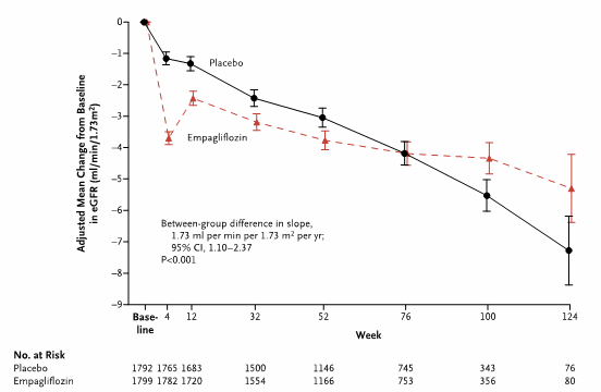 Diminution du DFG en fonction du temps dans le groupe empagliflozine vs placebo (CKD-EPI)
