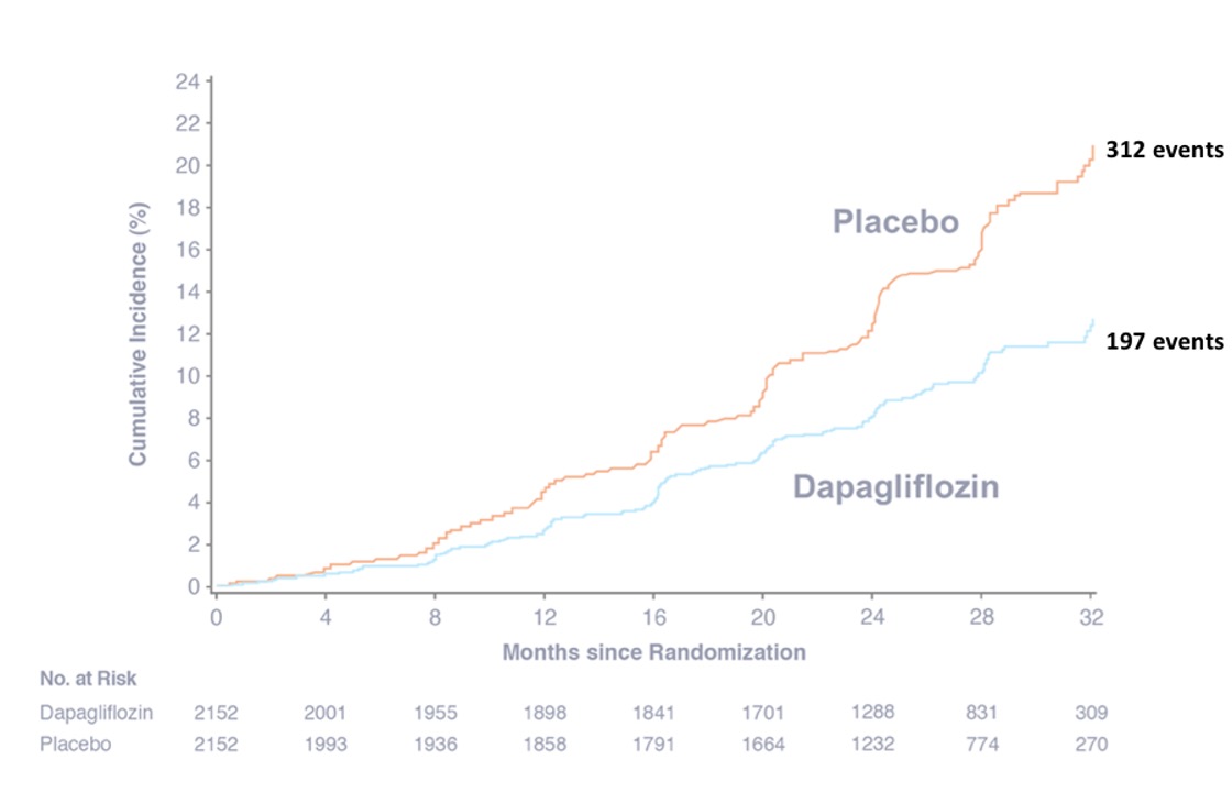 Incidence cumulée du critère de jugement principal dans le groupe dapaglifozin vs placebo
