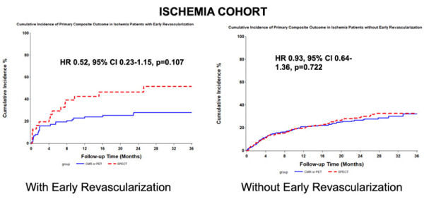 Figure 5. Courbes de survie pour le critère de jugement principal selon le timing de revascularisation chez les patients avec recherche d’ischémie.