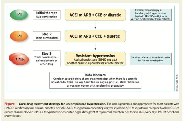 Stratégie fondamentale des traitement médicamenteux des HTA non compliquées (ESC/ESH 2018)