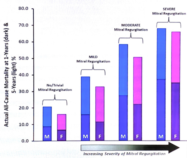 Figure 2 : Mortalité toute cause à 1 (couleur foncée) et 5 ans (couleur claire) selon le sexe (hommes en bleu et femmes en rose) et le grade de l’IM. Source : présentation ESC du Pr Playford