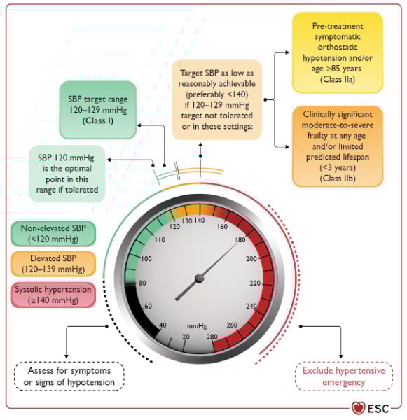 Figure 2: Valeurs-seuils d’initiation du traitement et cibles tensionnelles (ESC 2024) 
