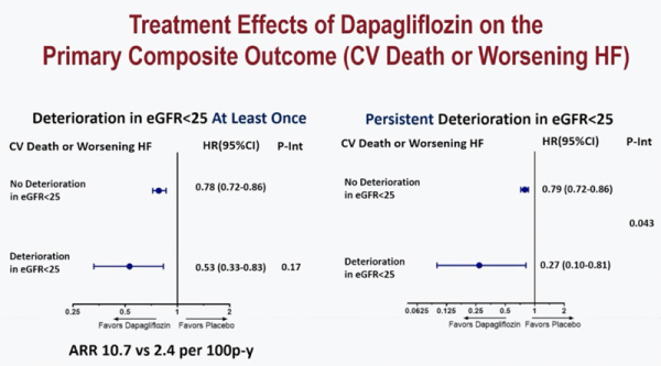 Figure 3. Effet de la dapagliflozine sur le critère de jugement principal en fonction de la détérioration (ou non) du DFG < 25 mL/min/1.73 m