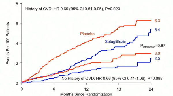 Figure 4. IDM dans les groupes Sotagliflozine et Placebo en fonction de la présence ou de l’absence d’antécédent de maladie cardiovasculaire.
